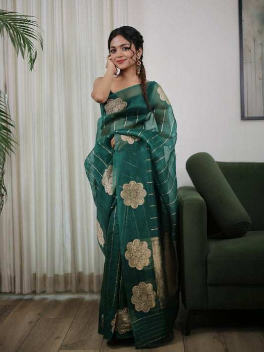 Emerald Bloom Linen Silk Saree