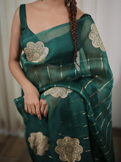 Emerald Bloom Linen Silk Saree
