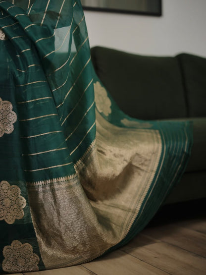 Emerald Bloom Linen Silk Saree