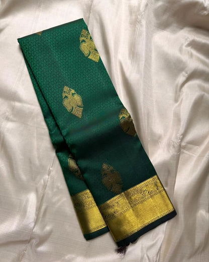 Bottle Green Banarasi Soft Silk Saree with Gold Zari Peacock Weaving | Traditional Wedding Wear