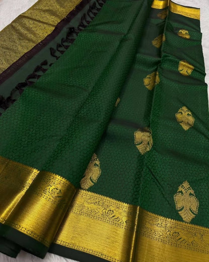 Bottle Green Banarasi Soft Silk Saree with Gold Zari Peacock Weaving | Traditional Wedding Wear
