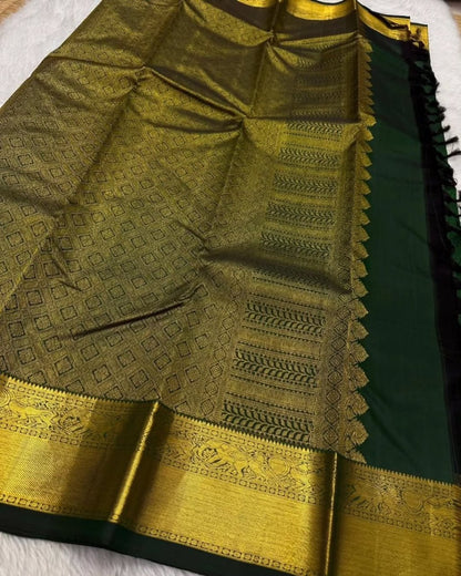 Bottle Green Banarasi Soft Silk Saree with Gold Zari Peacock Weaving | Traditional Wedding Wear