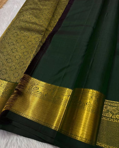 Bottle Green Banarasi Soft Silk Saree with Gold Zari Peacock Weaving | Traditional Wedding Wear