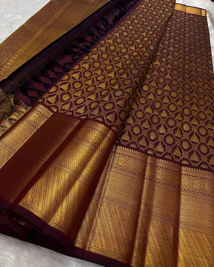 Maroon Banarasi Soft Silk Saree with Antique Gold Zari Weaving | Traditional Wedding Wear
