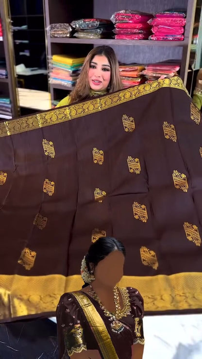 Elegant Chocolate Brown Banarasi Soft Silk Saree with Gold Zari Weaving