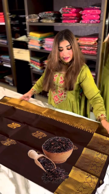 Elegant Chocolate Brown Banarasi Soft Silk Saree with Gold Zari Weaving