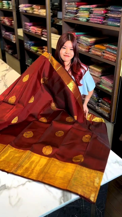 Royal Maroon Banarasi Soft Silk Saree with Traditional Gold Zari Weaving