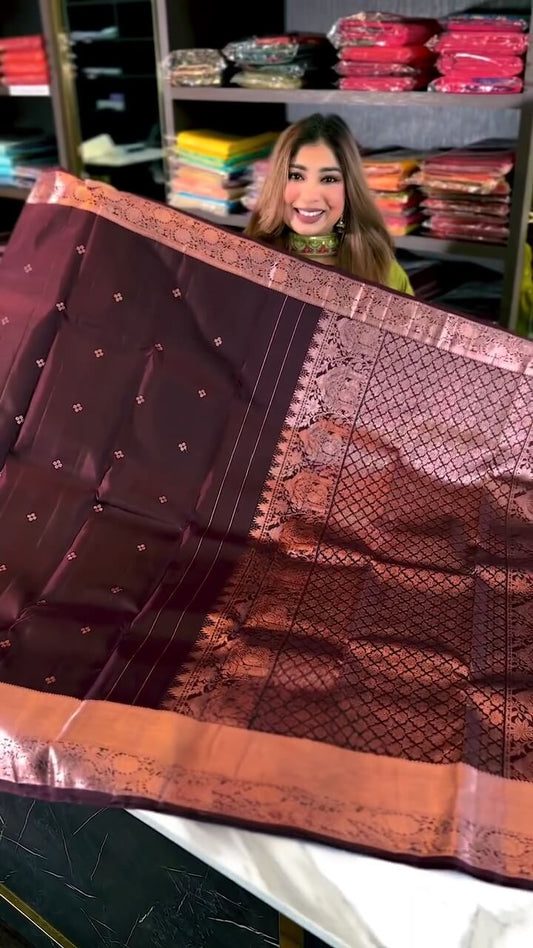 Elegant Wine Banarasi Soft Silk Saree with Copper Zari Weaving