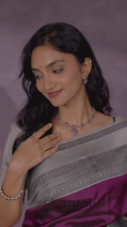 Lavender Majesty Banarasi Soft Silk Saree with Silver Zari Border