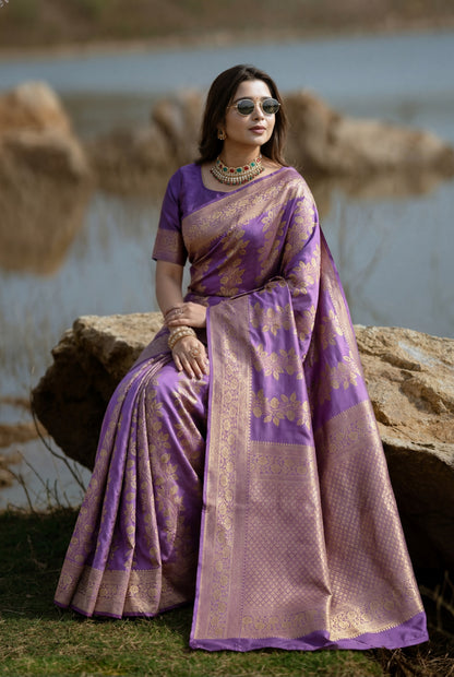 Purple Banarasi Silk Saree with Intricate Golden Zari Weaving