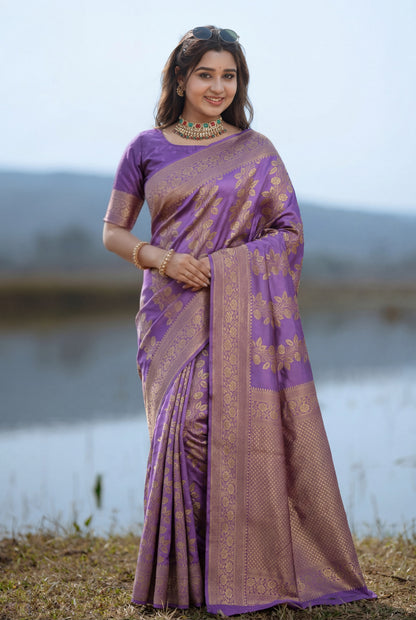 Purple Banarasi Silk Saree with Intricate Golden Zari Weaving