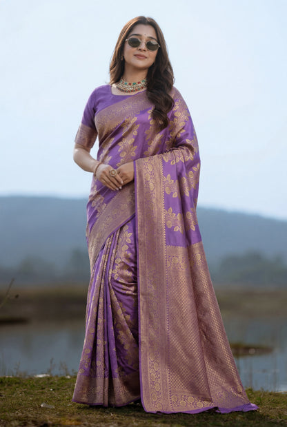 Purple Banarasi Silk Saree with Intricate Golden Zari Weaving