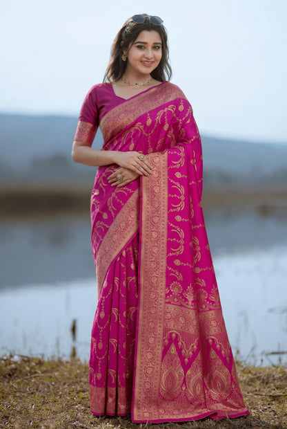 Rani Pink Banarasi Silk Saree with Rich Golden Zari Detailing