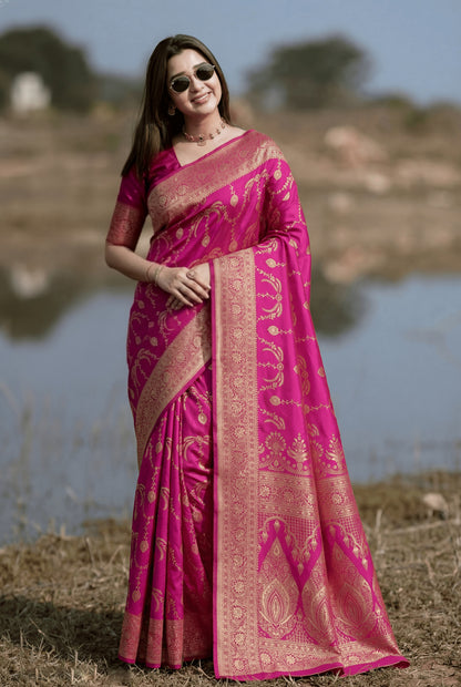 Rani Pink Banarasi Silk Saree with Rich Golden Zari Detailing