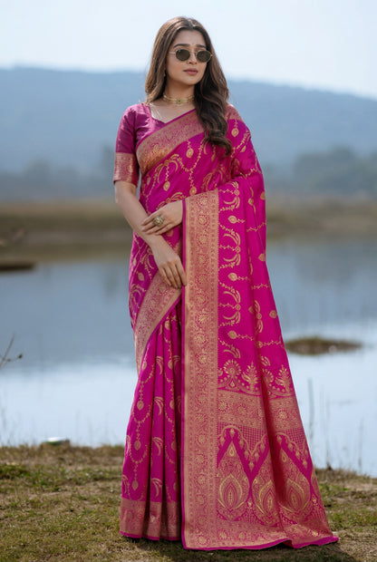 Rani Pink Banarasi Silk Saree with Rich Golden Zari Detailing